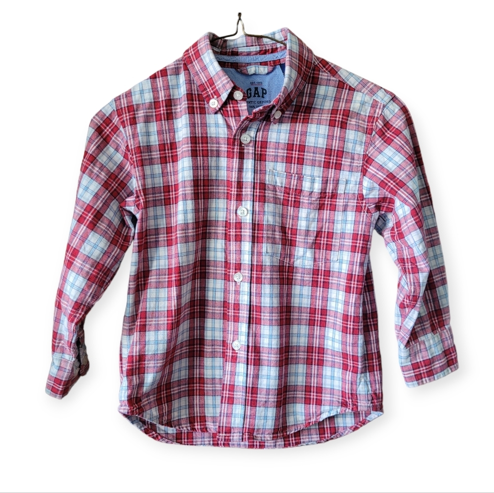 GAP Boy's Oxford Shirt button-down heavy cotton red blue grey plaid size 4